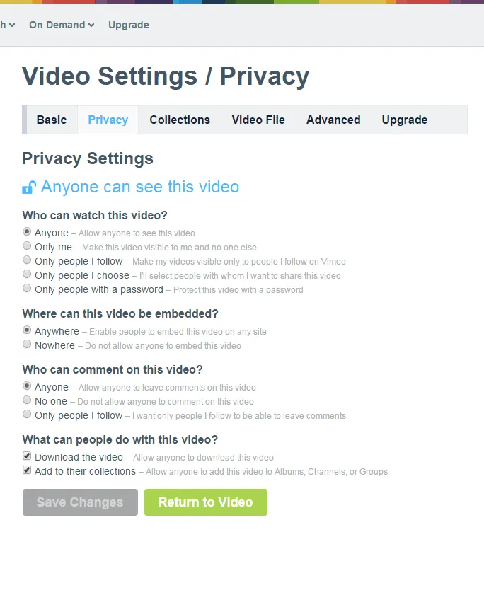 Video privacy settings menu
