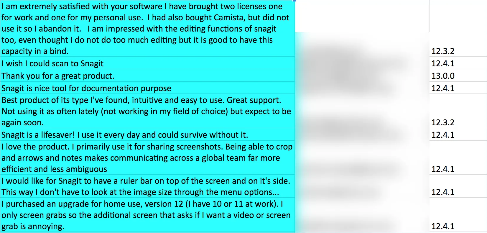 Using Snagit's screenshot blur tool to take screenshots of user feedback
