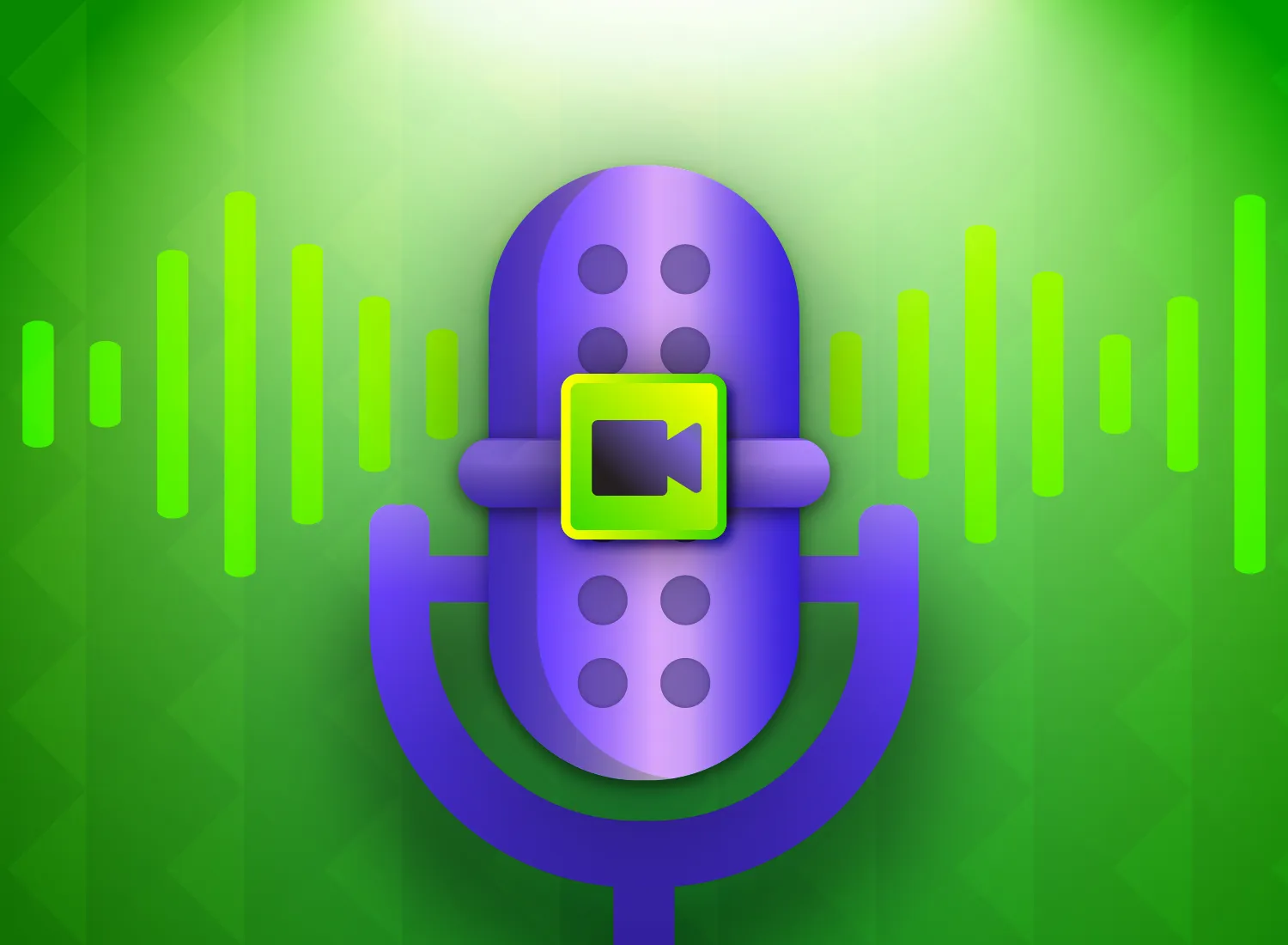 Purple microphone with a video icon on a green background with sound waves.