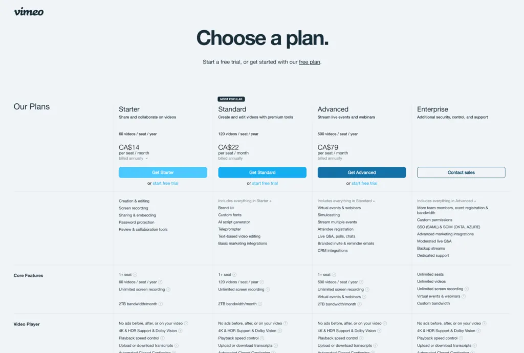 Vimeo: choose a membership plan