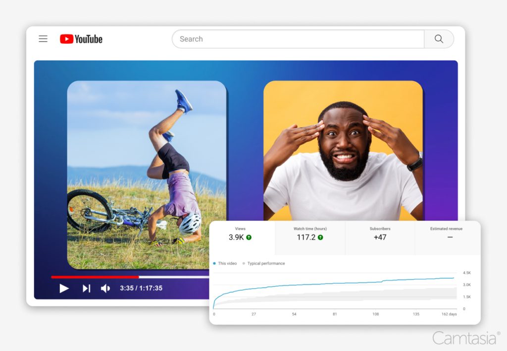 YouTube video thumbnails showing a cyclist falling and a man looking surprised, with video analytics below