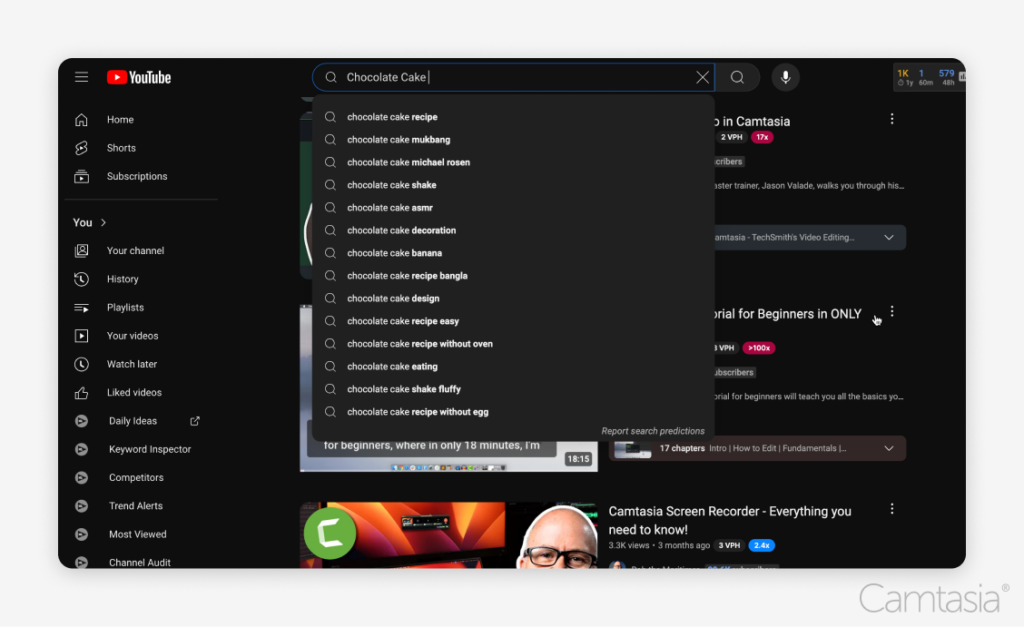 A YouTube search interface with the query 'Chocolate Cake' entered, showing search suggestions like 'chocolate cake recipe' and 'chocolate cake mukbang.'