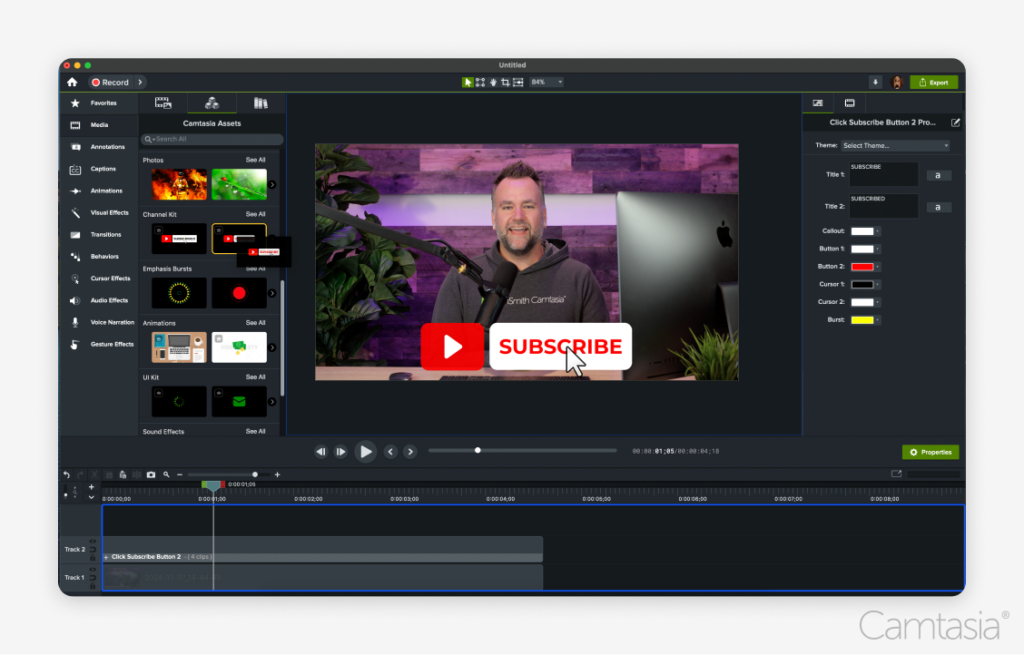 A Camtasia editing interface showing a man speaking in a video with a large 'Subscribe' button being added