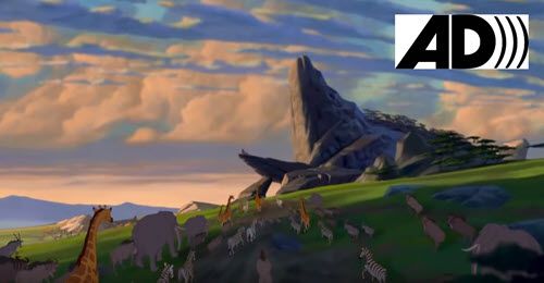Audio descriptions icon on a still-frame of a popular movie clip, The Lion King