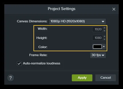 Screenshot showing width, height, and color options in project settings in Camtasia.