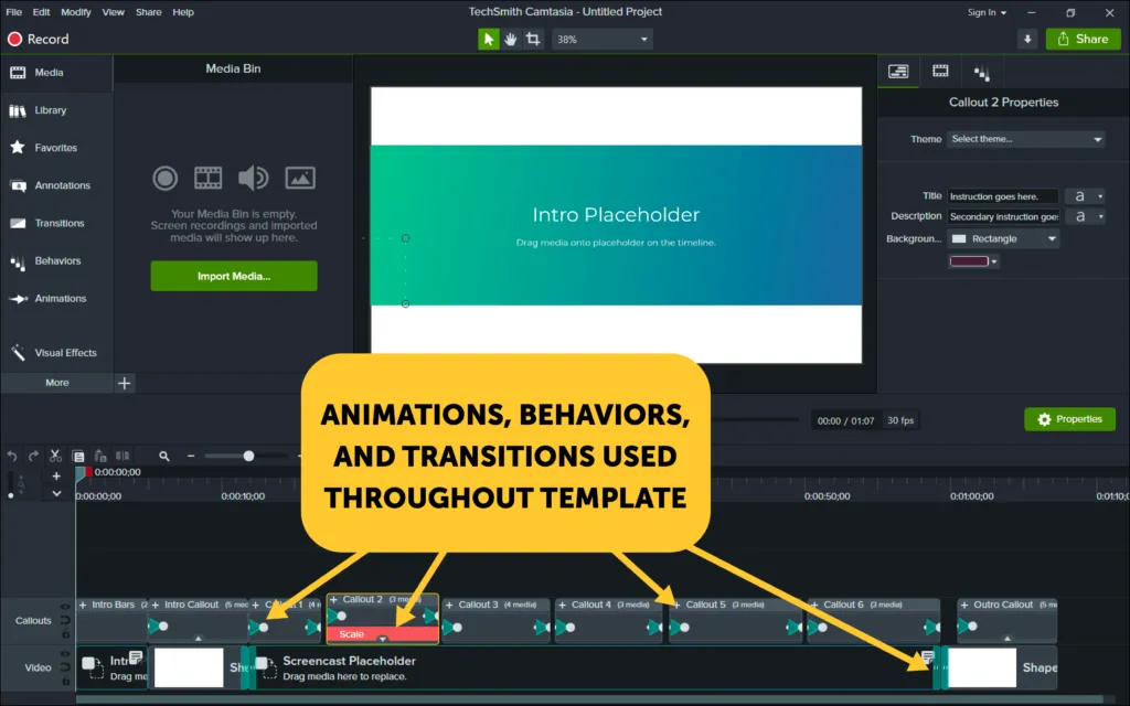 Camtasia features used throughout a template.