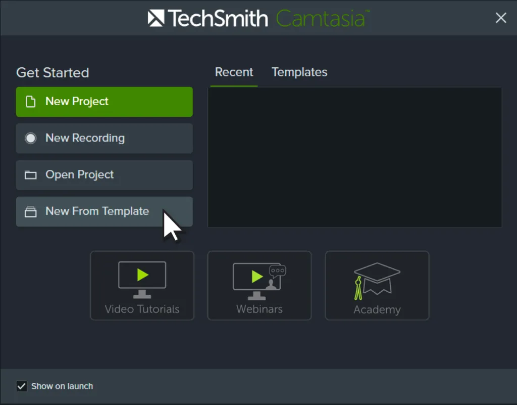 Camtasia welcome window with cursor on New From Template option