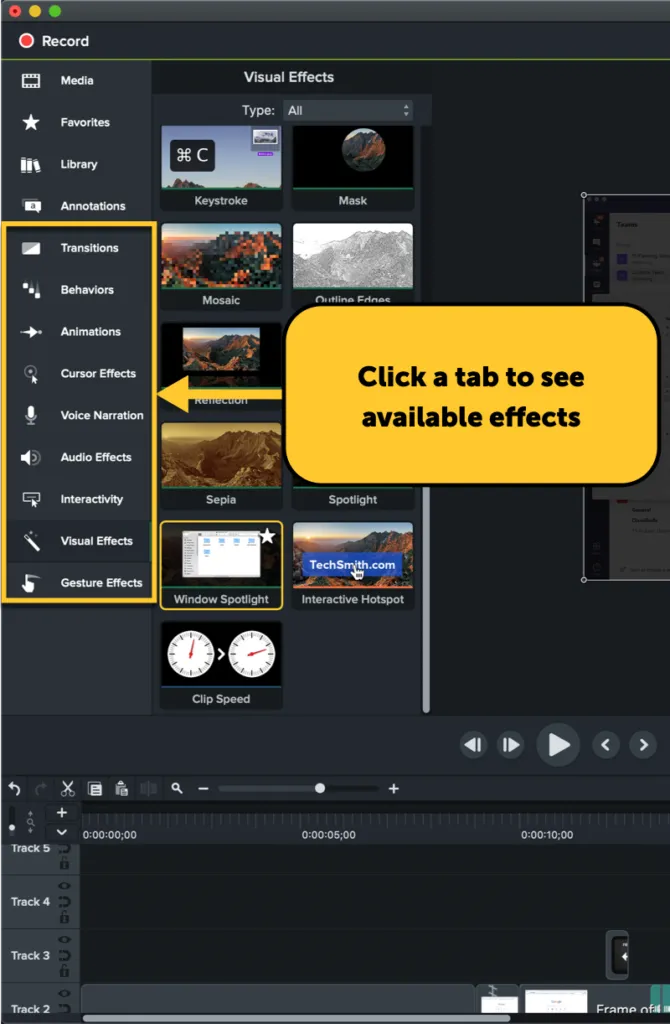 image showing the available effects in Camtasia.