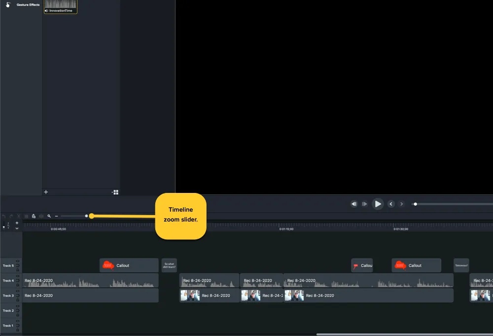 Showing the location of the Camtasia timeline zoom slider in the lower left corner of the Camtasia window, just above the timeline.