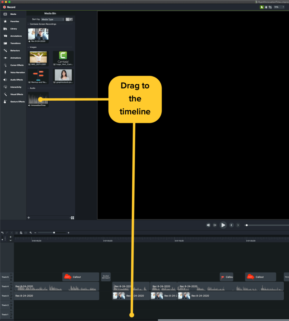 Showing how to drag an audio clip to the timeline.