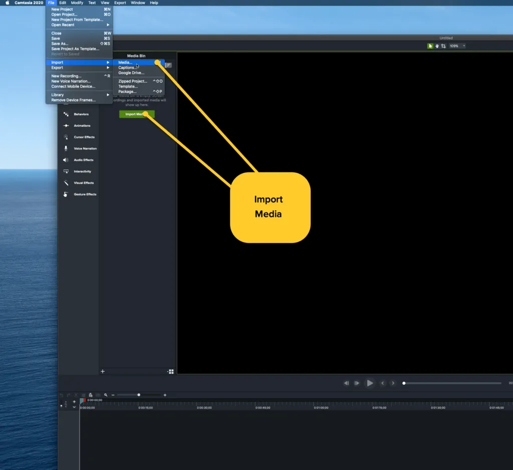 Showing how to import media into Camtasia