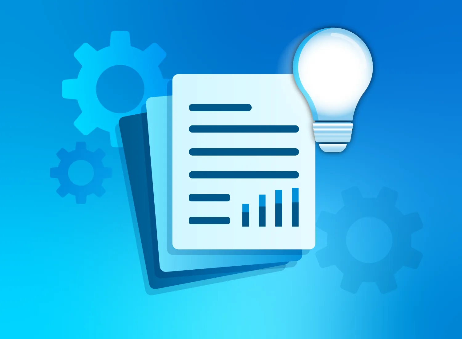 Illustration of knowledge based article with text and a bar graph, a light bulb, and gear icons against a blue background.