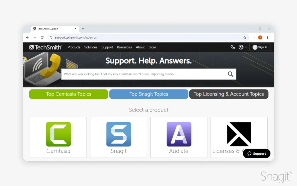 screenshot of TechSmith support center webpage displaying the box where you can enter in a question.