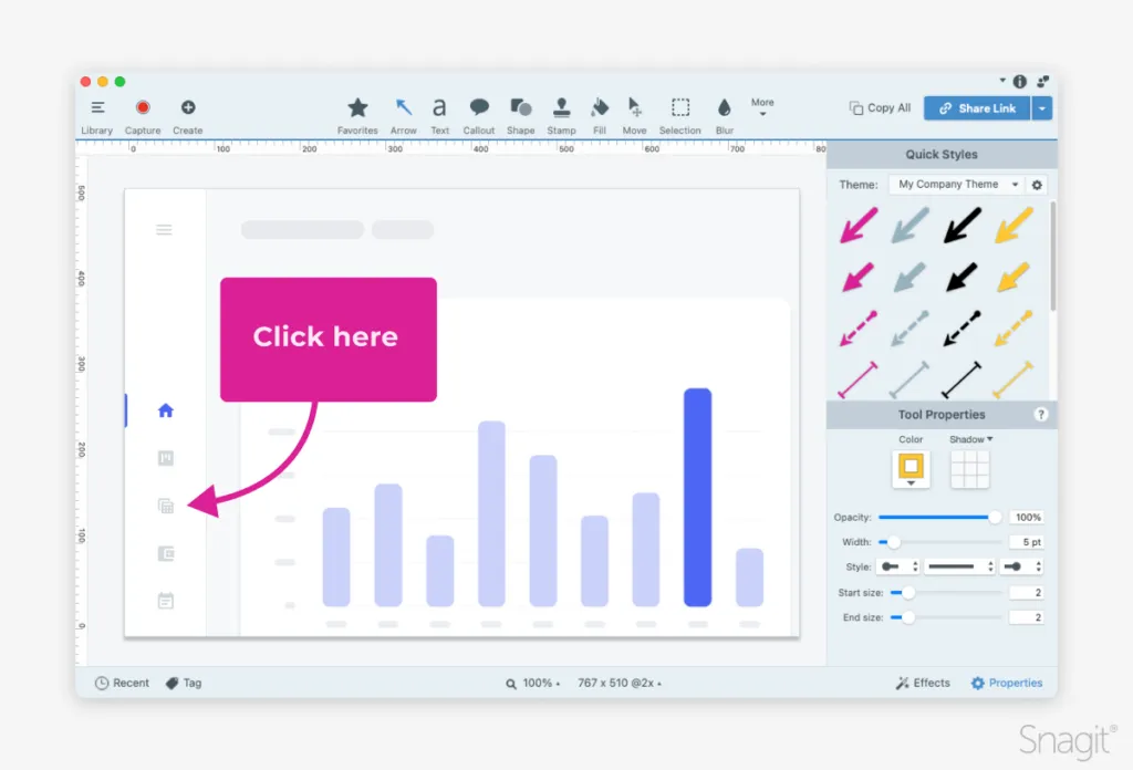 Screenshot of Snagit interface highlighting a bar graph and a callout pointing to a sidebar icon.