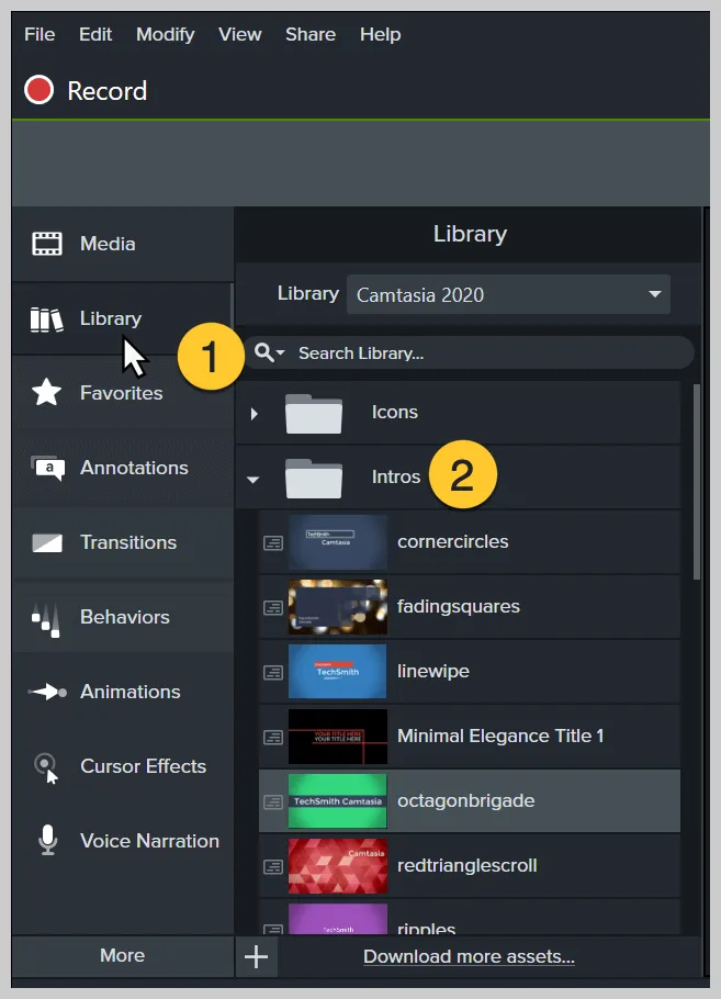 Screenshot of Camtasia library with Intro section open.