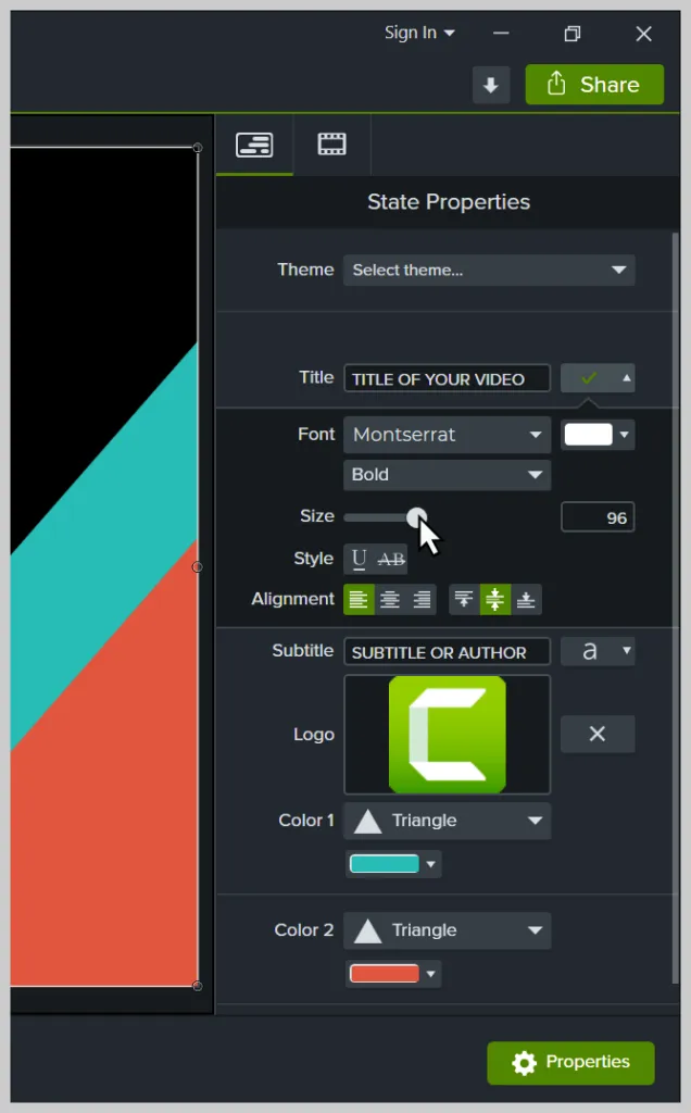 Camtasia Quick Properties panel for customizing template items.