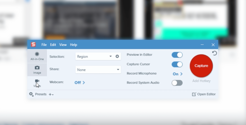screenshot of Snagit capture window