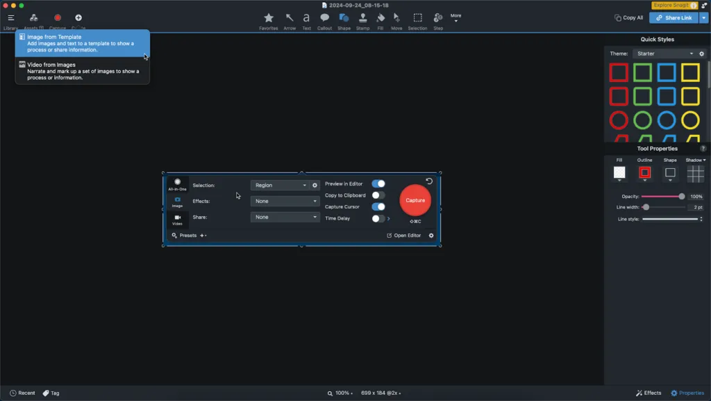 In the Snagit Editor, select 'Image from Template' under the 'Create' menu.