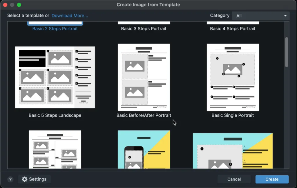 Snagit's selection of templates to choose from.