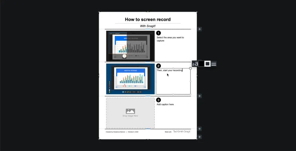 Adding text descriptions next to the images in the template.