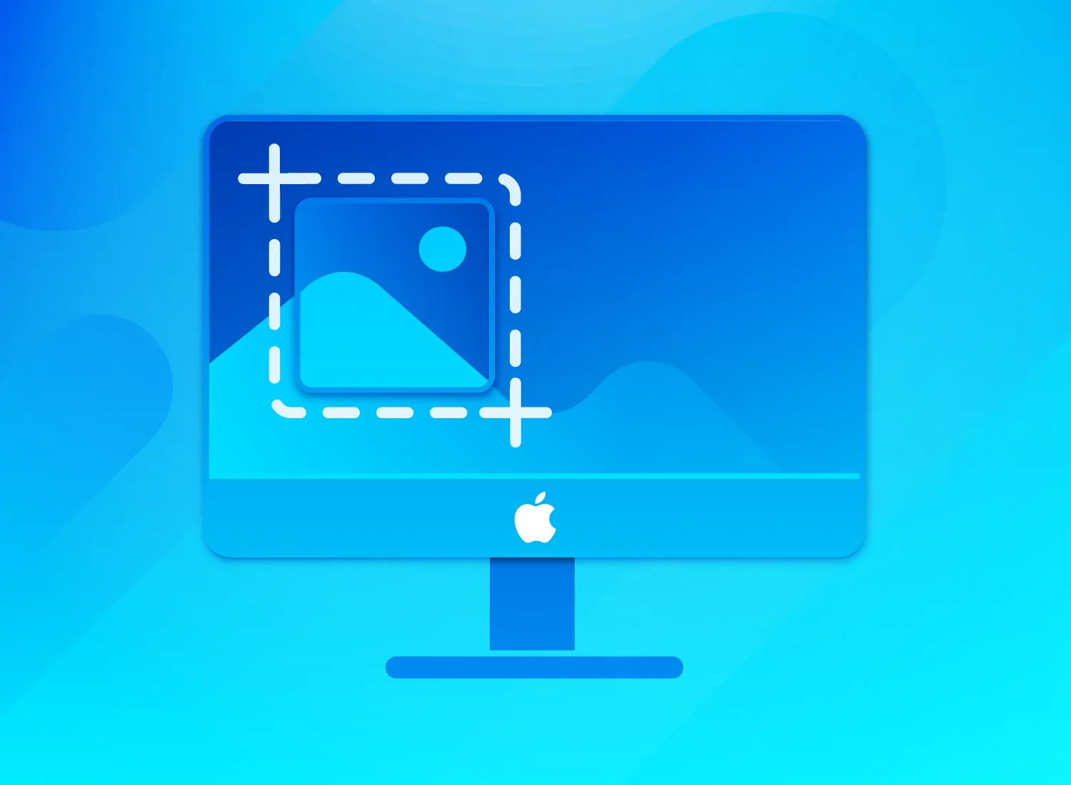 The image features a simplified representation of an Apple iMac computer with a blue screen, on a gradient blue background that transitions from light at the top to dark at the bottom. On the computer's screen, there's a dashed white outline of a square with a smaller image icon inside, symbolizing the action of taking a screenshot.