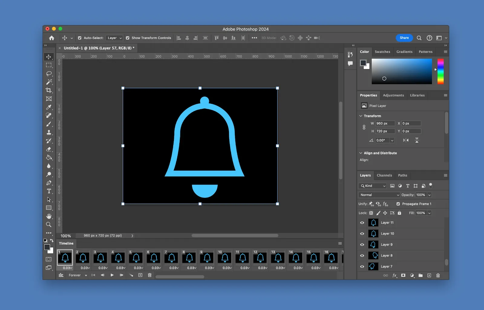 Image of Adobe Photoshop GIF process using frames and layers.