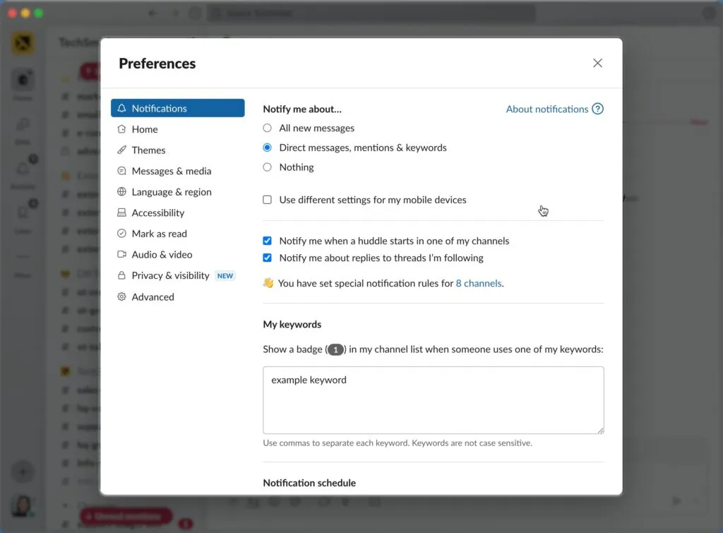 Screenshot of the notification settings in Slack where you can limit the amount of notifications you receive.