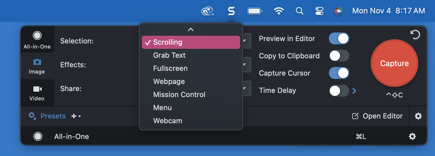 Snagit's Mac menu.