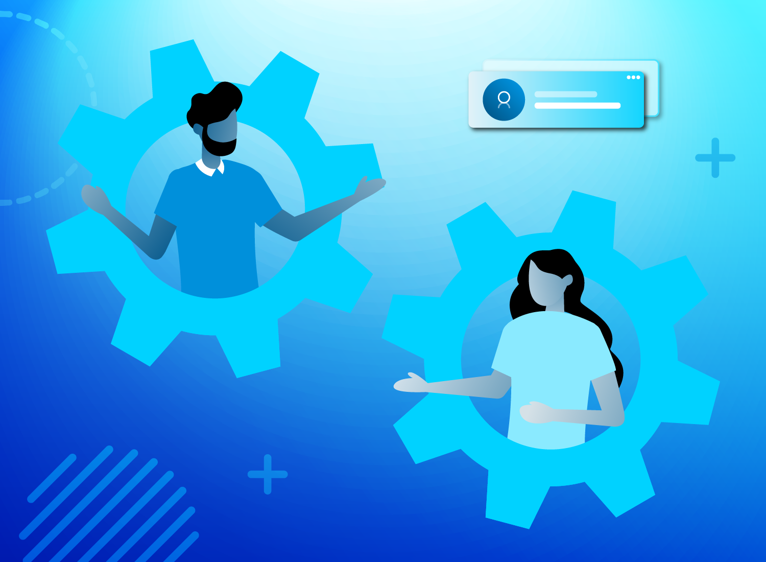 Two people setting team norms in an abstract depiction of gears in space.