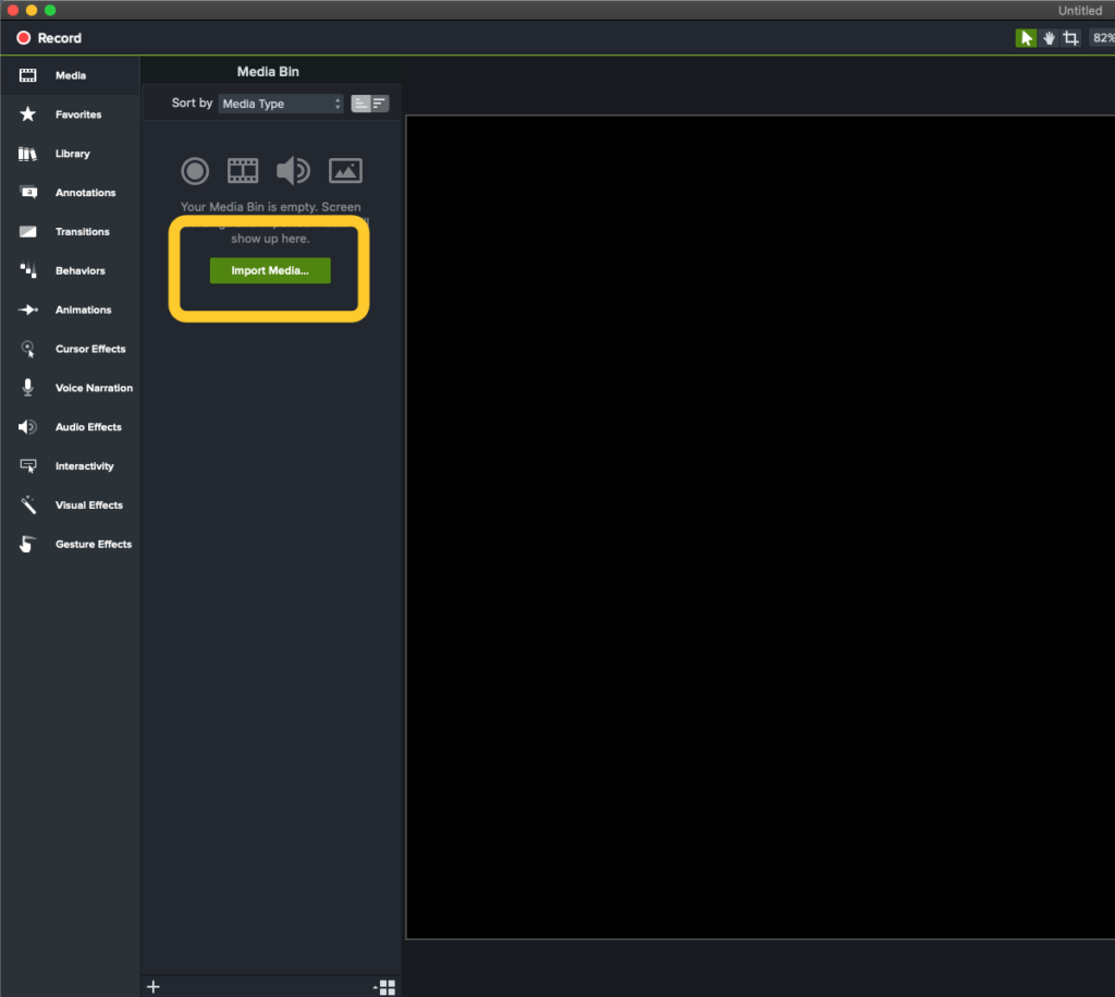 import media button highlighted