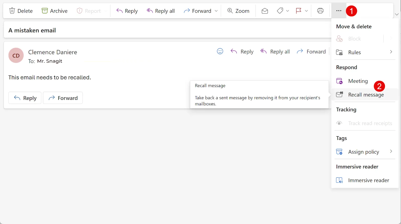 A mistaken email sent with the recall option open in the sidebar menu.