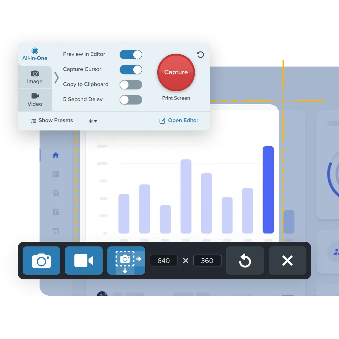 A screenshot of screen recording software with various controls and an 'All-in-One' tab selected, displaying options for image or video capture, including a red 'Capture' button and settings for delays and cursor capture.