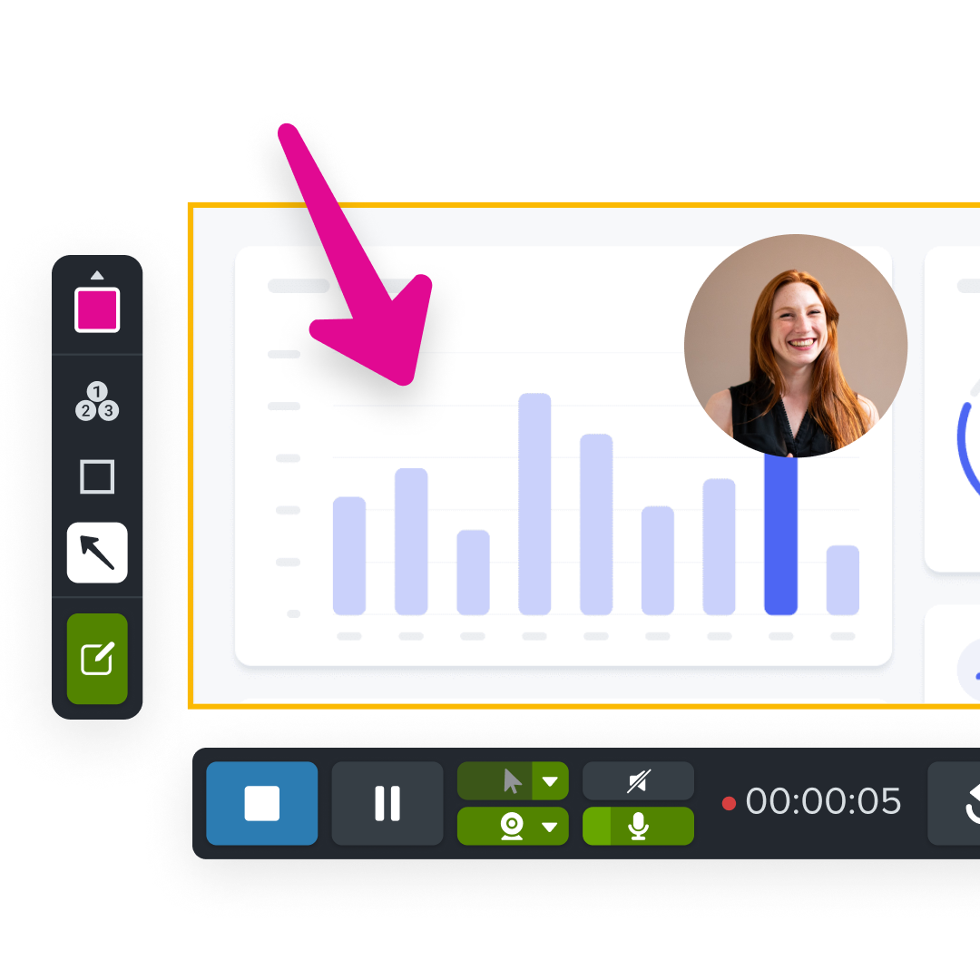 A screenshot featuring a software interface with a prominent pink arrow pointing to a bar chart on a screen, indicating a feature or data point. A video call window showing a smiling person is also visible, suggesting a screen recording or tutorial scenario.