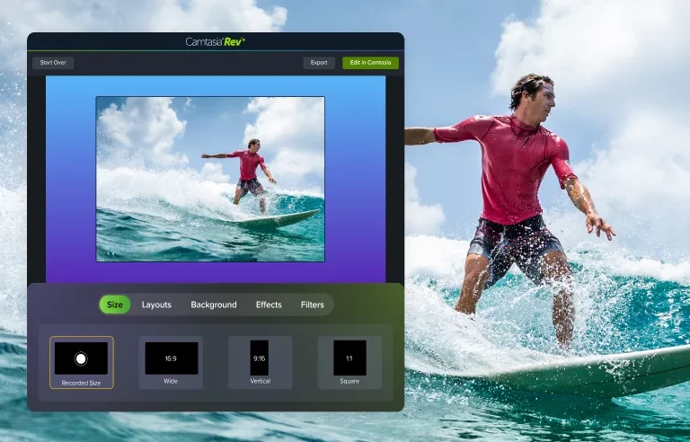 Example of the Camtasia Rev layout editor showing a man surfing a large wave.