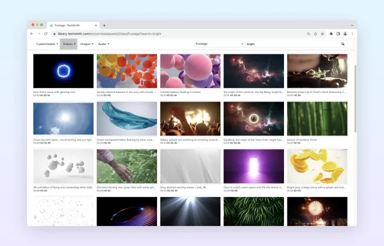 Dozens of video assets available in Camtasia Assets.