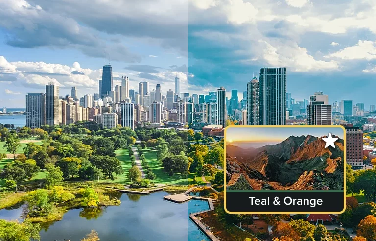 Examples of the teal and orange filter in Camtasia applied to a sunny cityscape photo.