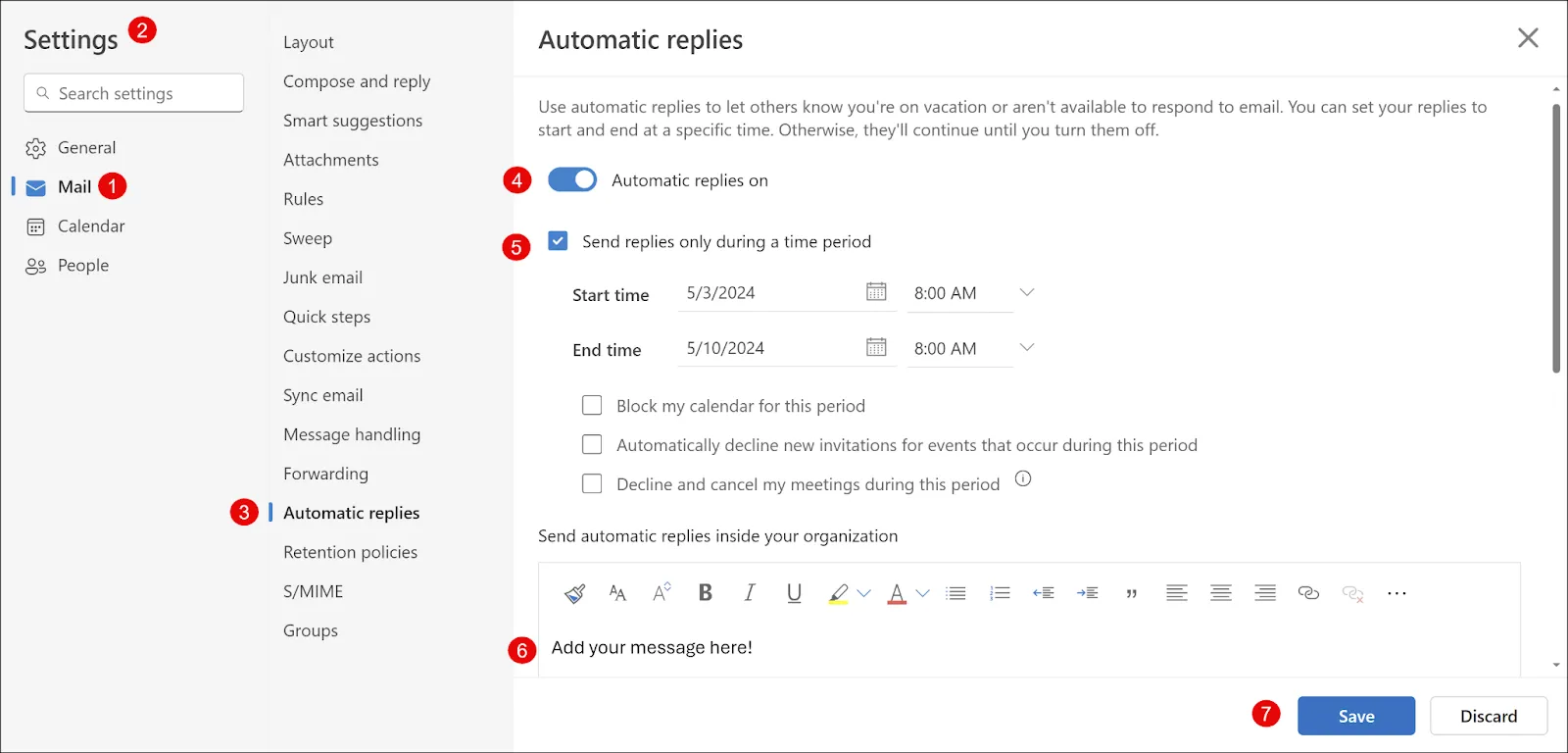 The UI to set up Outlook messages.