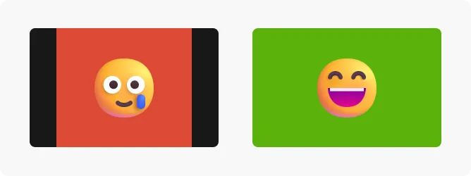 Illustration comparing poor video aspect ratio with black bars (left) and proper full-screen aspect ratio (right) using smiley face emojis.