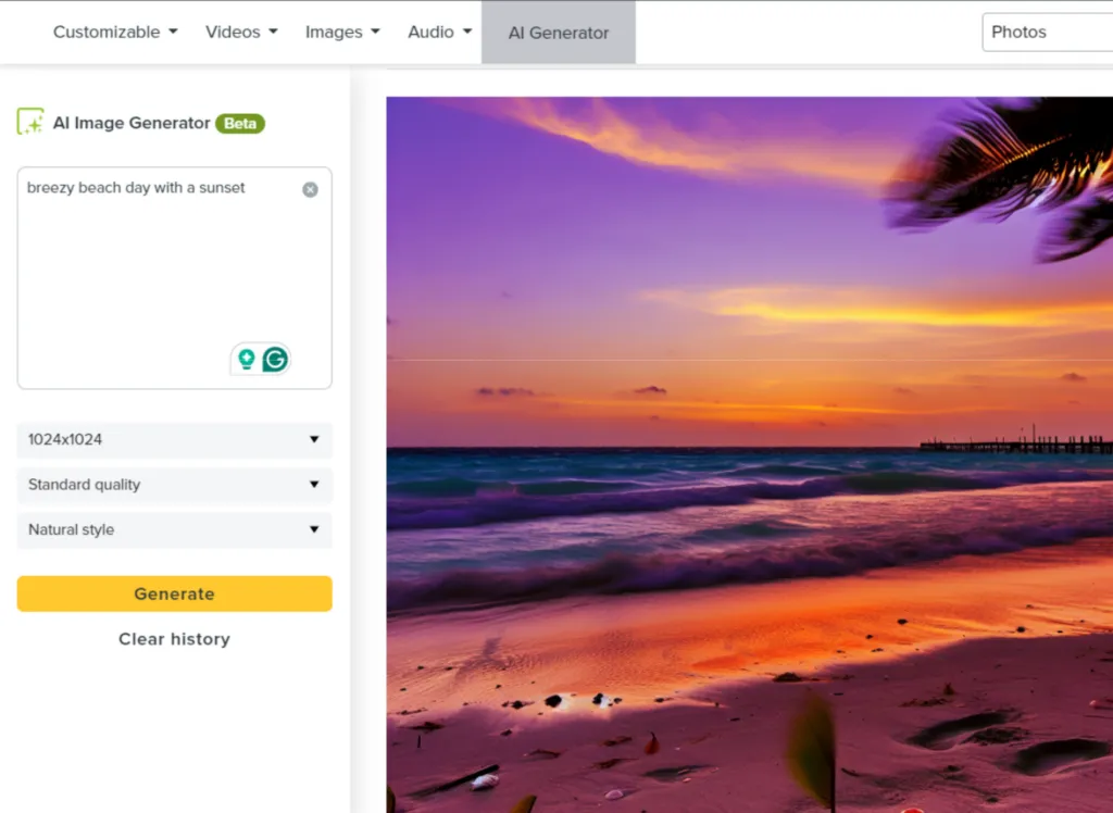 Breezy beach day with a sunset AI-generated image.
