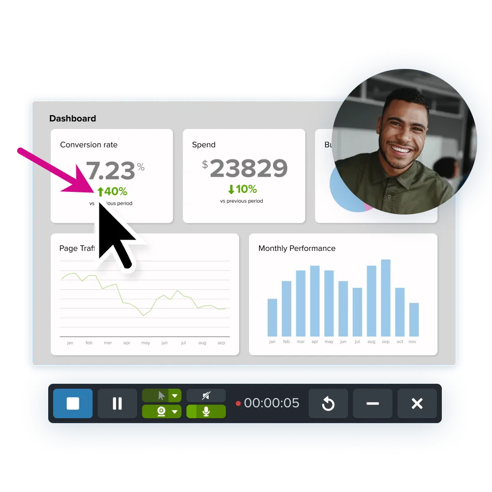 Screen recording of a dashboard showing conversion rate, spend, and monthly performance with a picture-in-picture webcam view of a smiling man.