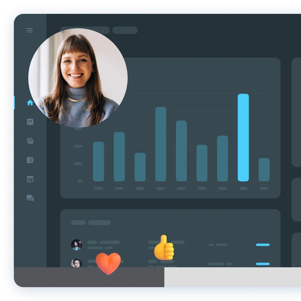 Screenshot of a video message with a dark-themed dashboard and various reaction emojis