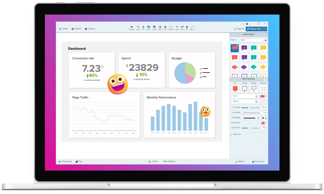 Snagit editor displaying a dashboard with conversion rate, spend, budget, page traffic, and monthly performance charts, along with annotation tools and a "Share Link" button.