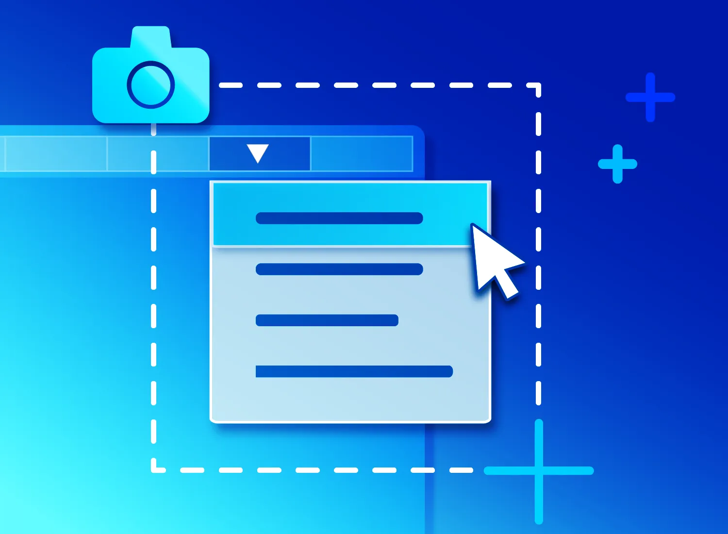 Blue image of dropdown menu with mouse and camera.