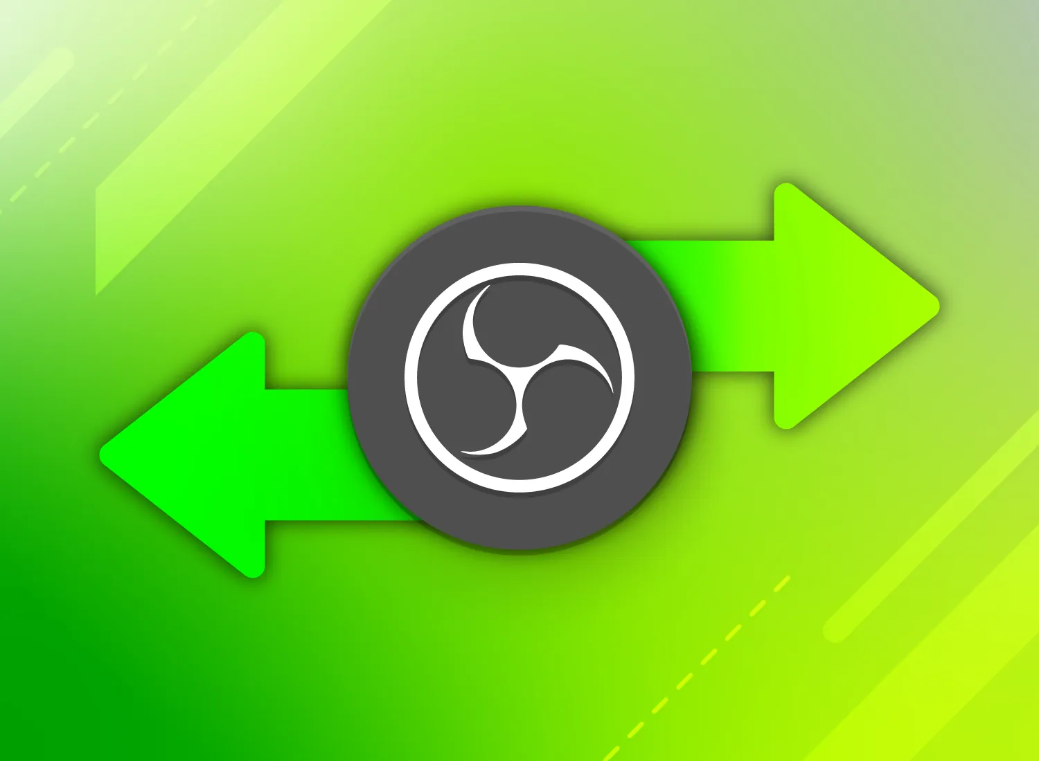 Green gradient background with a circular logo in the center and arrows pointing in opposite directions.