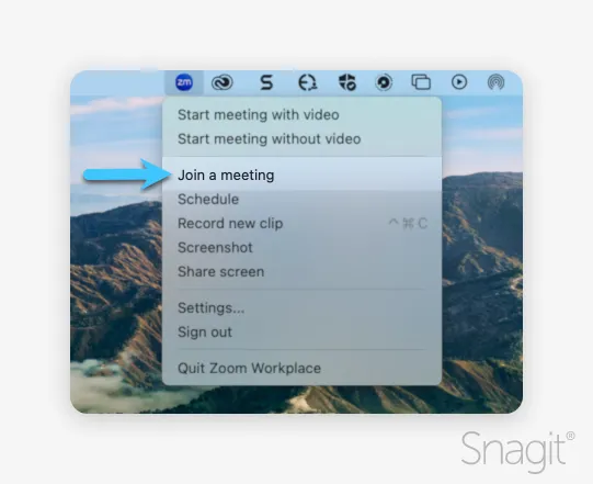 An arrow annotation pointing to the "join a meeting" option in the dropdown menu