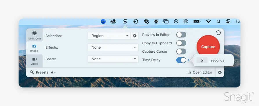 Time Delay option in Snagit