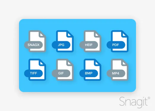 Illustration of supported file formats, including SNAGX, JPG, PDF, and others