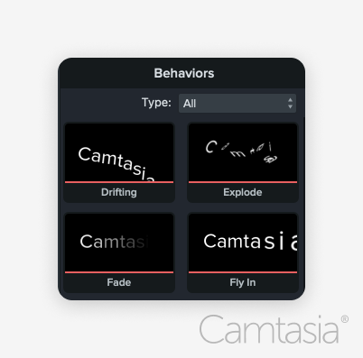 Image of optional behaviors for lower-thirds in Camtasia.