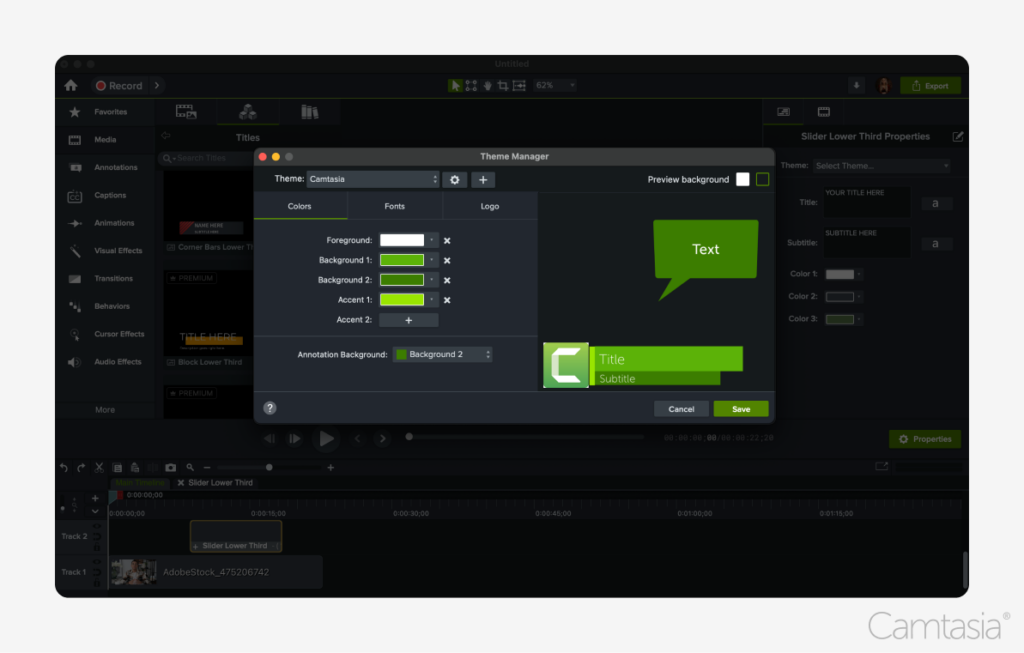 Image of theme manager open in Camtasia.