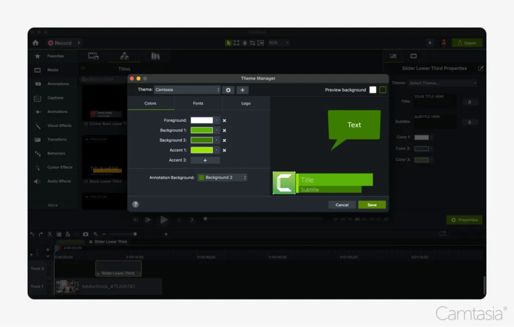 Image of theme manager open in Camtasia.